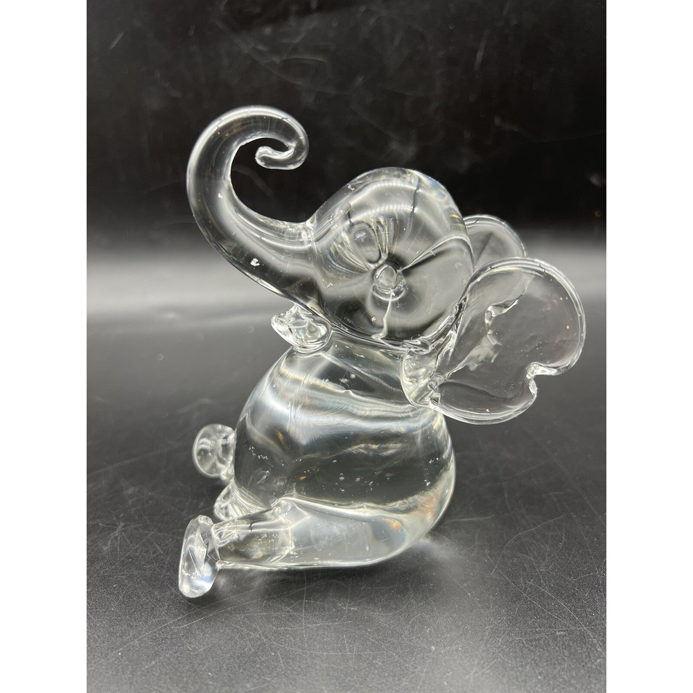 Vintage Hand Blown Clear Art Glass Elephant Paperweight 5" Figurine Trunk Up